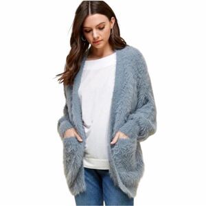 Pinch Fuzzy Eyelash Soft Knit Blue Cozy Open Cardigan Sweater Size S/M NWT